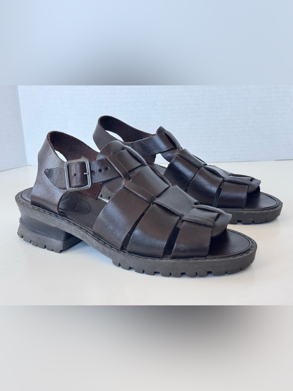 Vintage 90s MIA Y2K Brown Leather Fisherman Sandals Strappy Chunky Platform Shoe - Picture 1 of 10